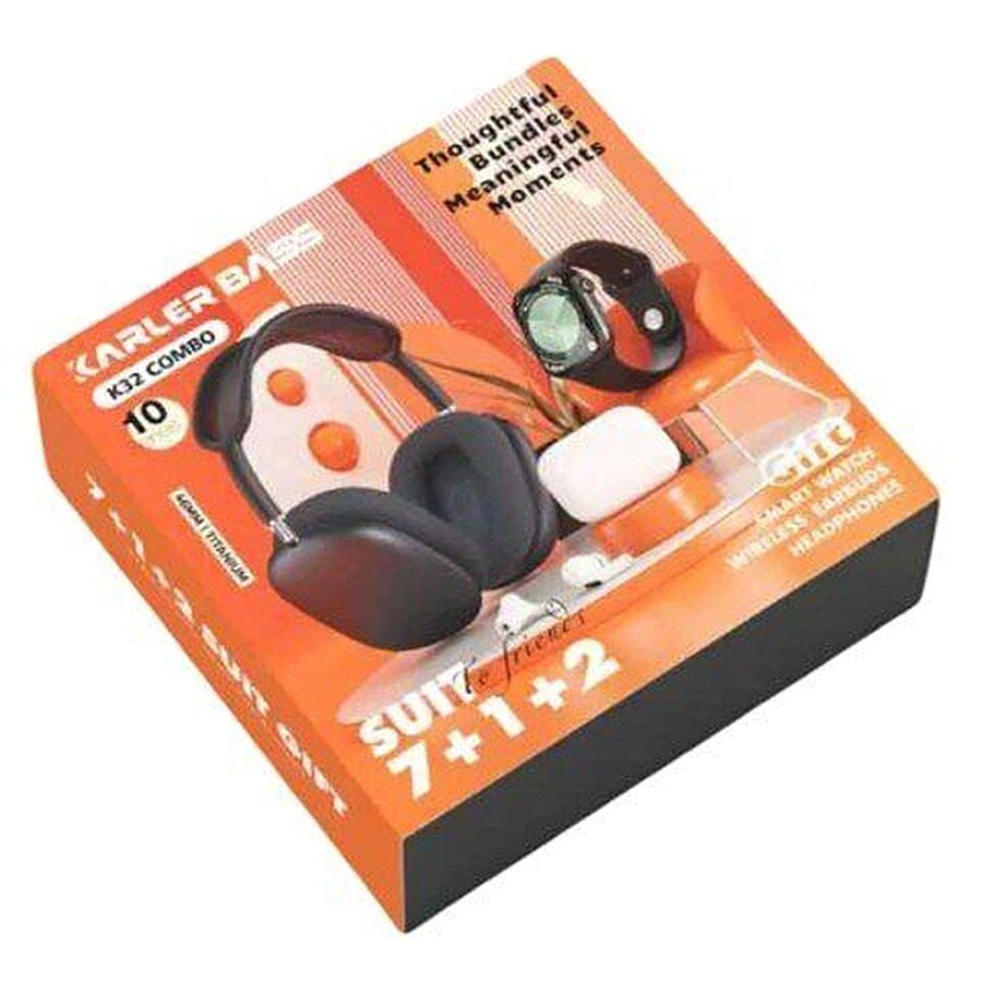 Karler Bass K32 Kombo 7 Adet Kordon Akıllı Saat Airpods Kulaklık Kafa Üstü Kablosuz Kulaklık Set - Siyah