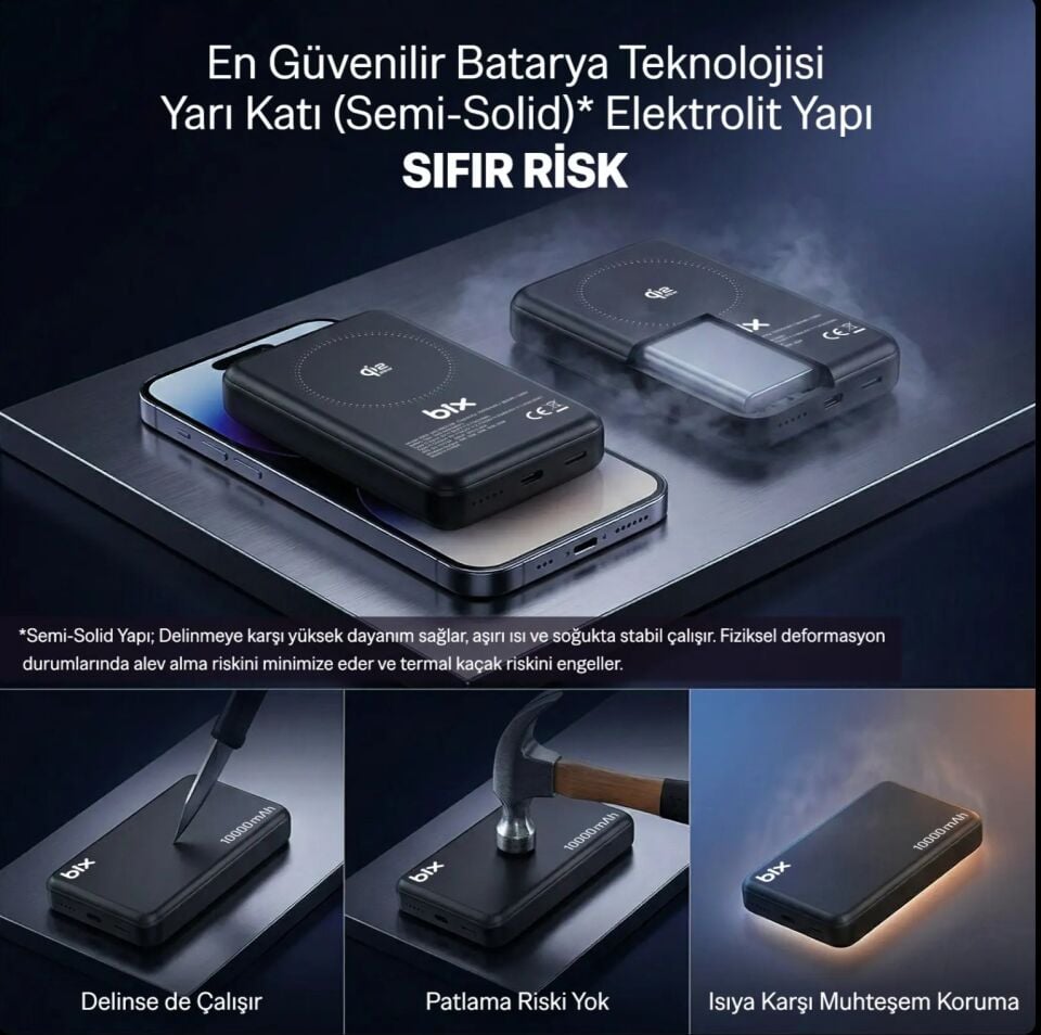 Bix PB121 Qi2 25W Kablosuz Magsafe PD 3.0 10000mAh Semi-Solid State Bataryalı Powerbank - Siyah