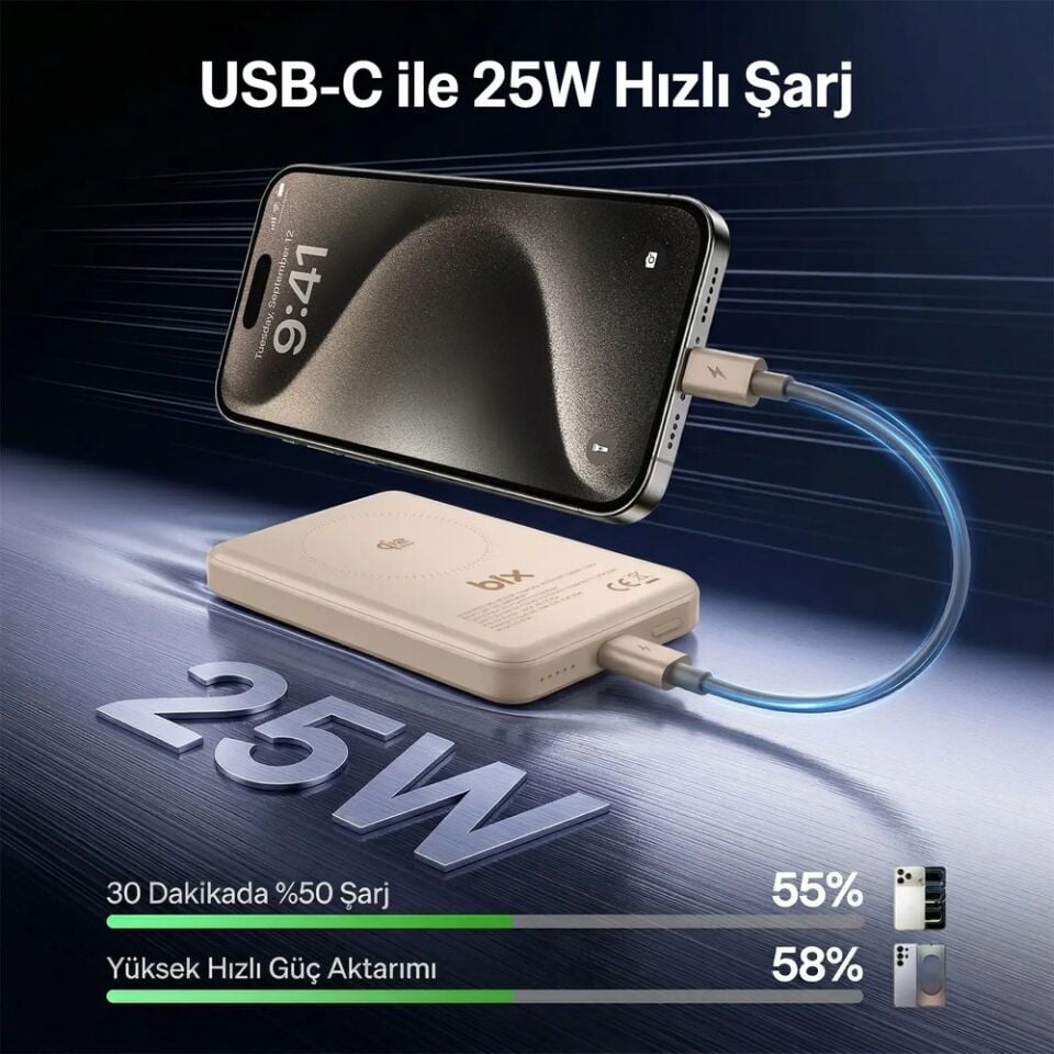 Bix PB121 Qi2 25W Kablosuz Magsafe PD 3.0 10000mAh Semi-Solid State Bataryalı Powerbank - Süt Beyazı