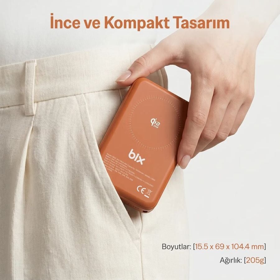 Bix PB121 Qi2 25W Kablosuz Magsafe PD 3.0 10000mAh Semi-Solid State Bataryalı Powerbank - Süt Beyazı