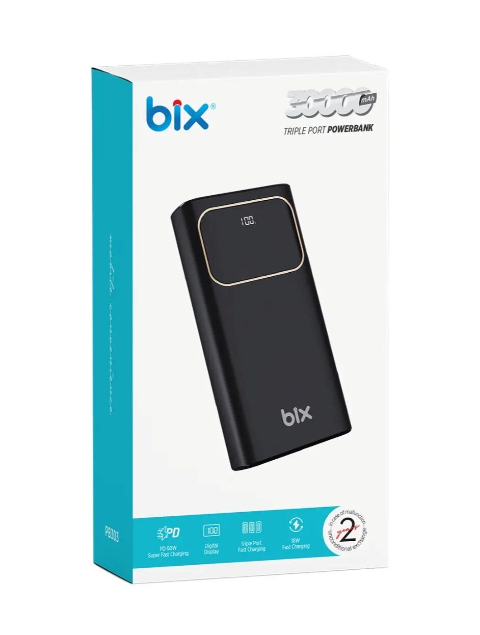 Bix PB303 30000mAh 60W USB-A ve Type-C PD Hızlı Şarj Destekli LED Göstergeli Powerbank