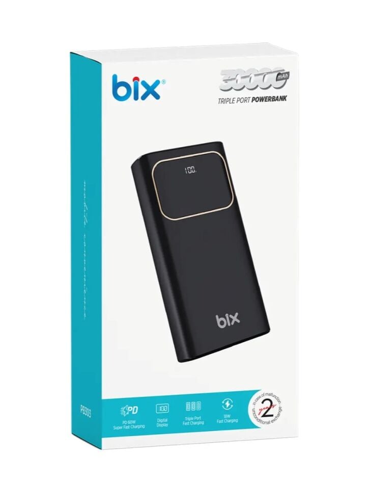 Bix PB303 30000mAh 60W USB-A ve Type-C PD Hızlı Şarj Destekli LED Göstergeli Powerbank