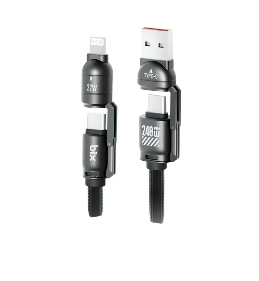 Bix BX5IN1C 240W PD Hızlı Şarj ve Data Kablosu - USB-A & Type-C & Lightning Uyumlu, Askı İpi Tasarımlı, Örgülü 1.5 Metre Siyah