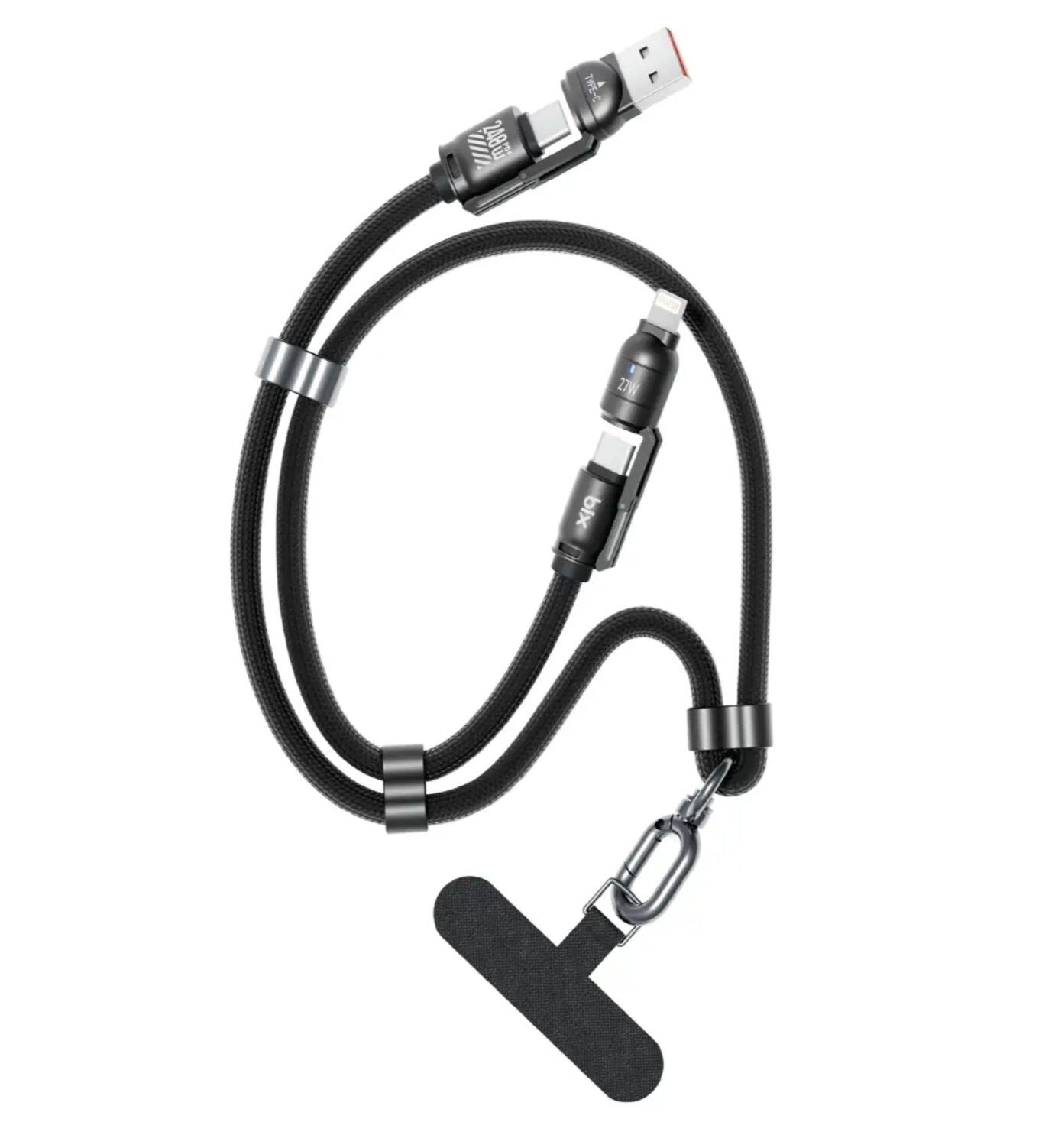 Bix BX5IN1C 240W PD Hızlı Şarj ve Data Kablosu - USB-A & Type-C & Lightning Uyumlu, Askı İpi Tasarımlı, Örgülü 1.5 Metre Siyah