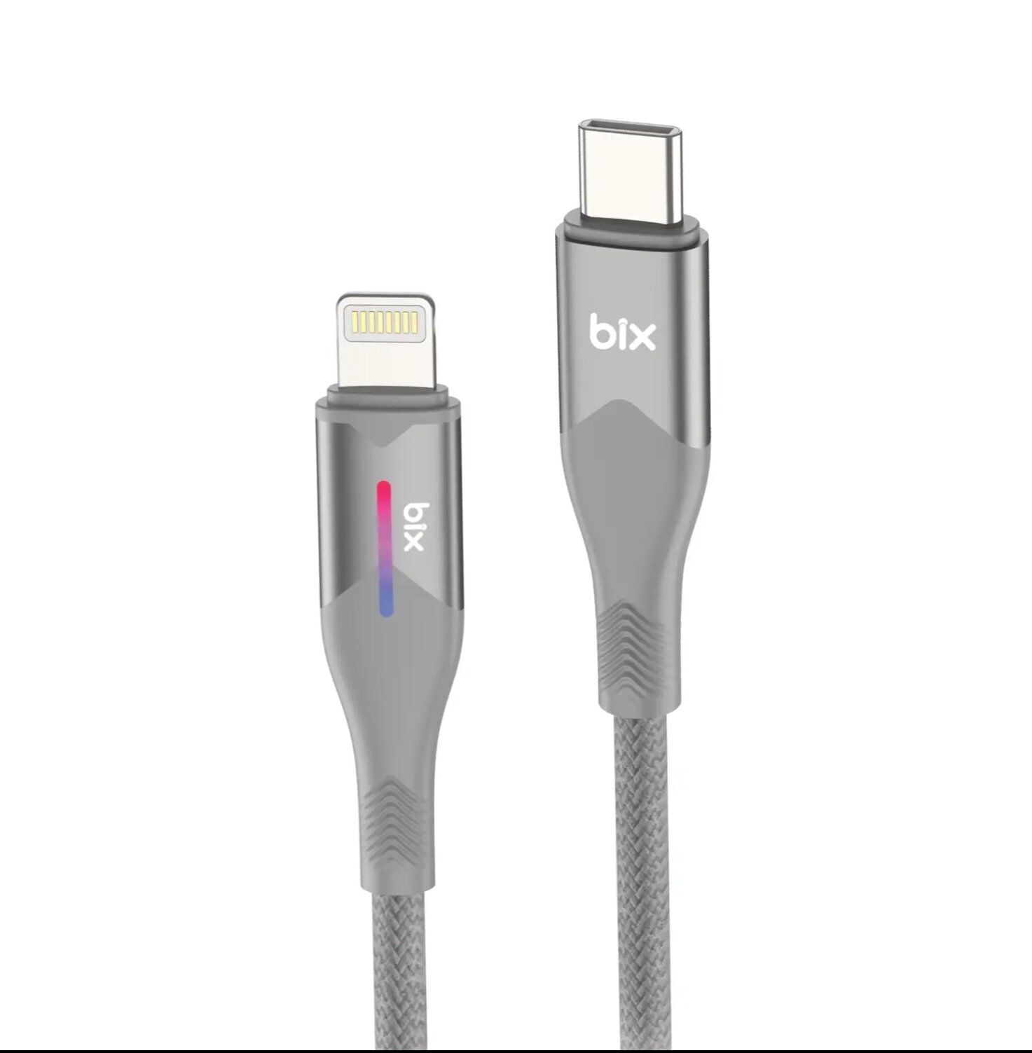 Bix BX04CL Type-C to Lightning 27W Örgülü LED Işıklı Şarj ve Data Kablosu 1 Metre Gri