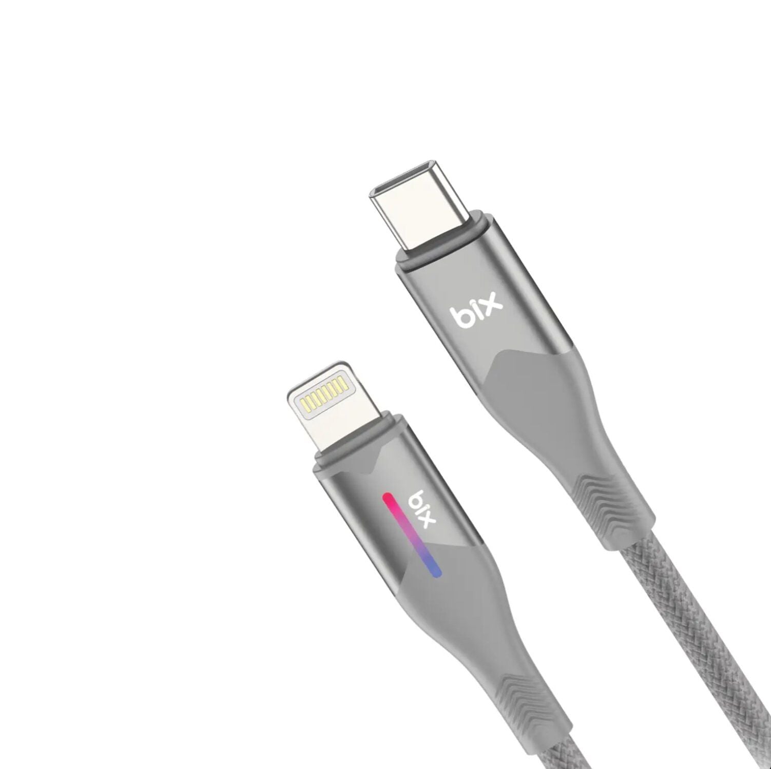 Bix BX04CL Type-C to Lightning 27W Örgülü LED Işıklı Şarj ve Data Kablosu 1 Metre Gri görsel 2