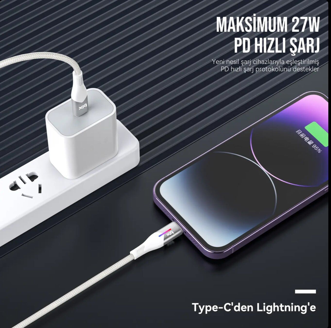 Bix BX04CL Type-C to Lightning 27W Örgülü LED Işıklı Şarj ve Data Kablosu 1 Metre Beyaz