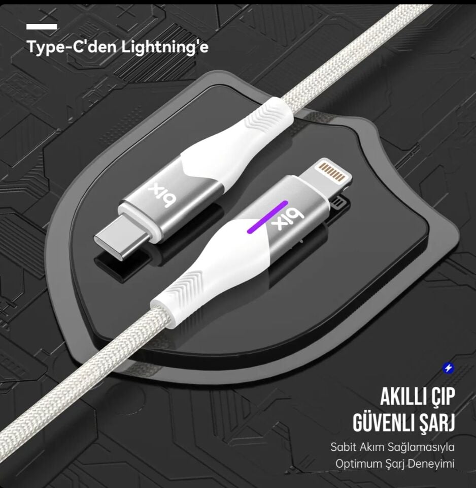 Bix BX04CL Type-C to Lightning 27W Örgülü LED Işıklı Şarj ve Data Kablosu 1 Metre Beyaz