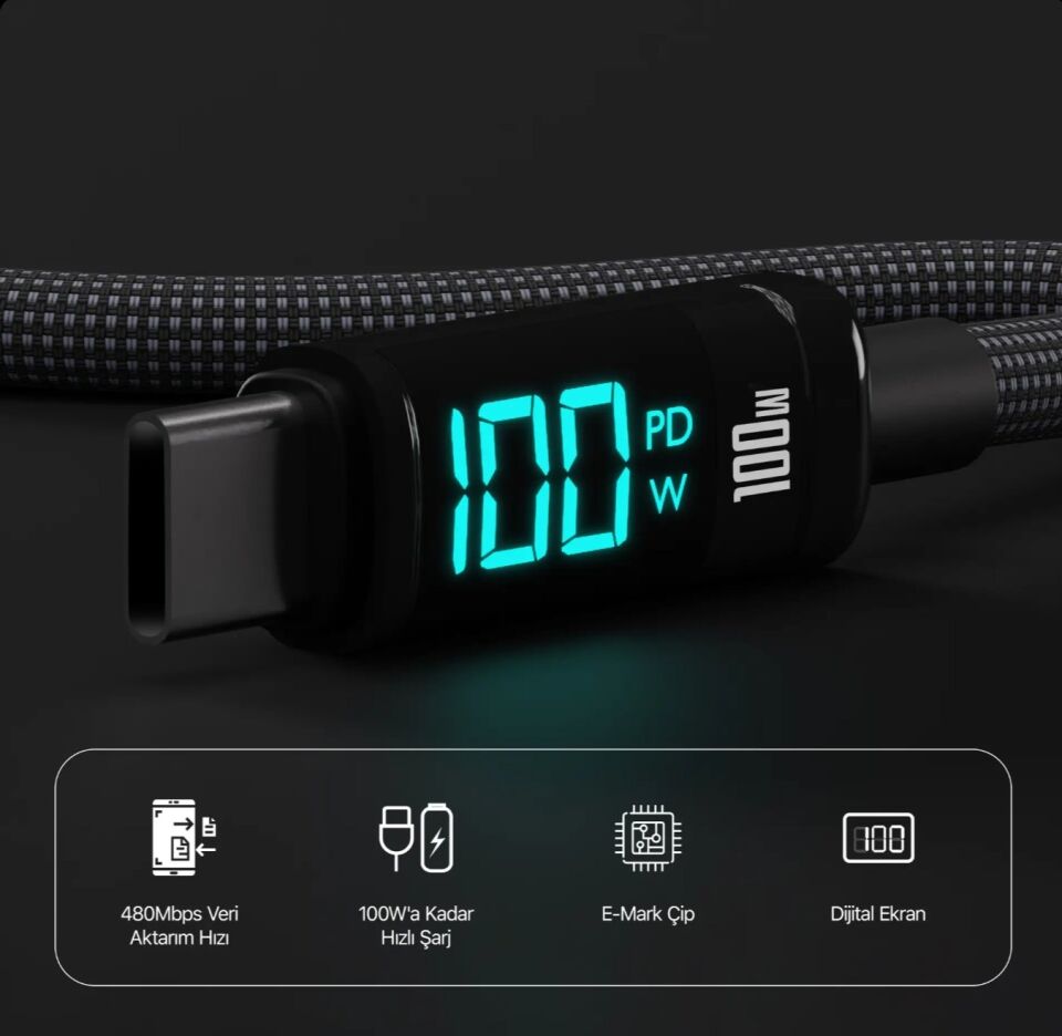 Bix BX09CC Type-C to Type-C 100W 480Mbps E-Marker Çipli LED Dijital Ekranlı Şarj ve Data Kablosu 1 Metre Siyah