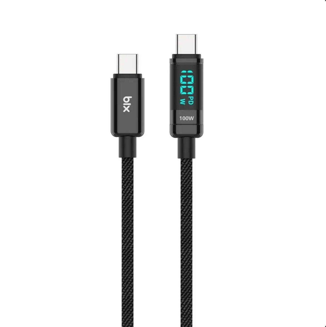 Bix BX09CC Type-C to Type-C 100W 480Mbps E-Marker Çipli LED Dijital Ekranlı Şarj ve Data Kablosu 1 Metre Siyah