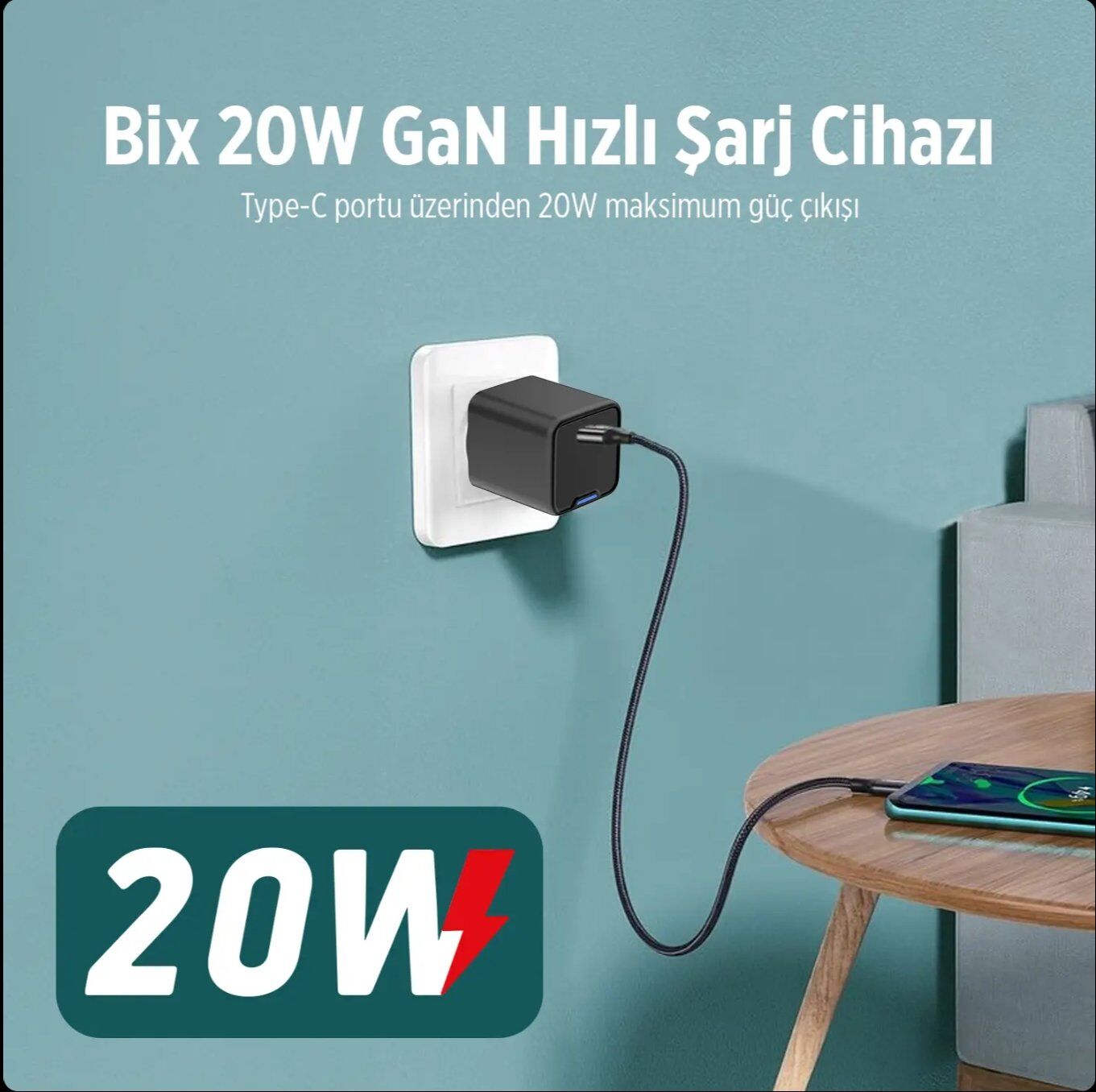 Bix BX1P20G GaN 20W Type-C PD Akım Korumalı ve LED Göstergeli Hızlı Şarj Cihazı Siyah