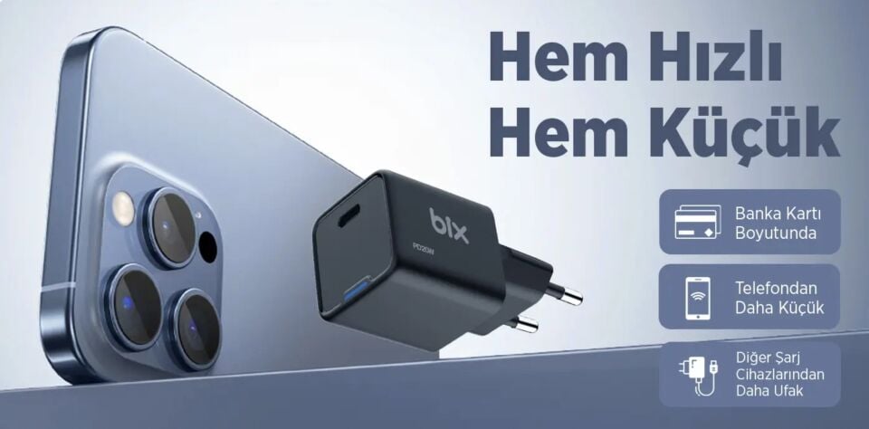 Bix BX1P20G GaN 20W Type-C PD Akım Korumalı ve LED Göstergeli Hızlı Şarj Cihazı Siyah