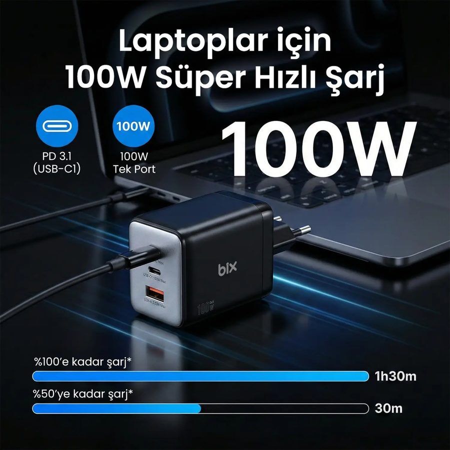 Bix BX3P102G 100W 3 Portlu USB-C + USB-A GaN Şarj Aleti iPhone & Macbook & Android Uyumlu PD 3.0 Type-C Hızlı Şarj Cihaz