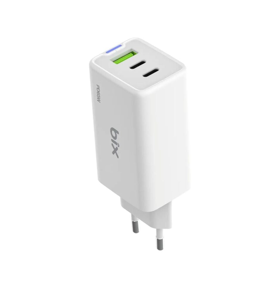 Bix BX3P66G GaN 65W Type-C PD 3.0 ve USB-A QC Üç Portlu Hızlı Şarj Cihazı Beyaz