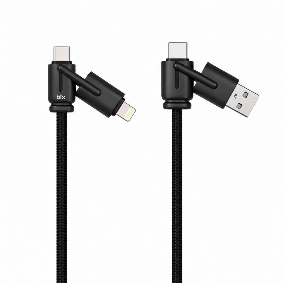 Bix BX4IN1C 65W USB-A, USB-C, Lightning Çok Fonksiyonlu Örgülü Şarj ve Data Kablosu 1.2 Metre Siyah