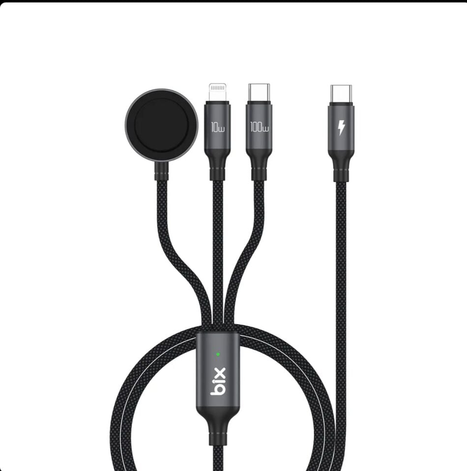 Bix BXA3W1 100W Type-C, Lightning ve Apple Watch Çoklu Şarj ve Data Kablosu Koyu Gri 1.2 Metre