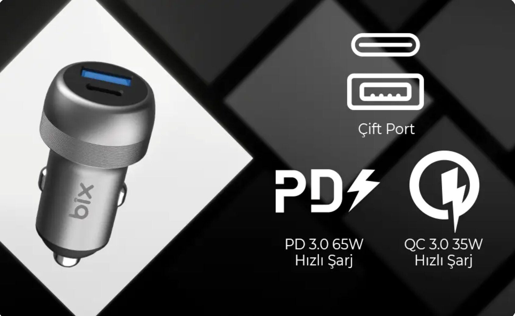 Bix BXAC100W 100W Type-C PD 65W ve USB-A QC 35W PPS Destekli Çift Çıkışlı Mini Araç İçi Hızlı Şarj Cihazı Gri görsel 3
