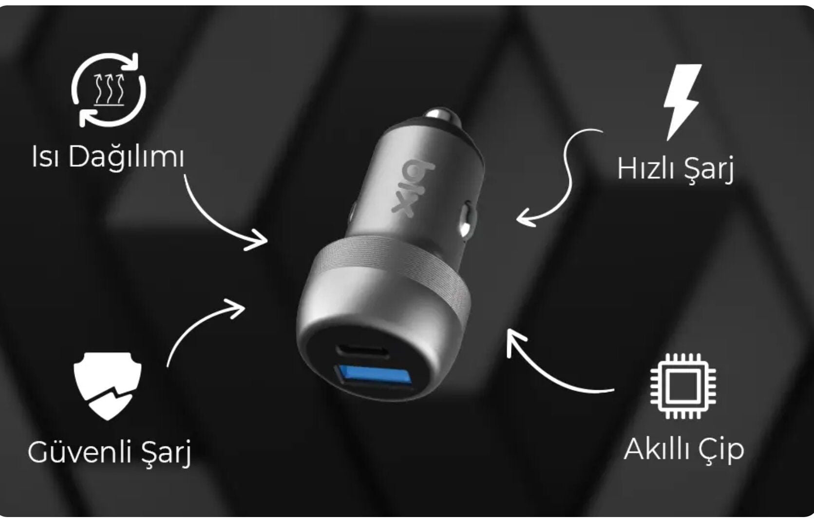 Bix BXAC100W 100W Type-C PD 65W ve USB-A QC 35W PPS Destekli Çift Çıkışlı Mini Araç İçi Hızlı Şarj Cihazı Gri