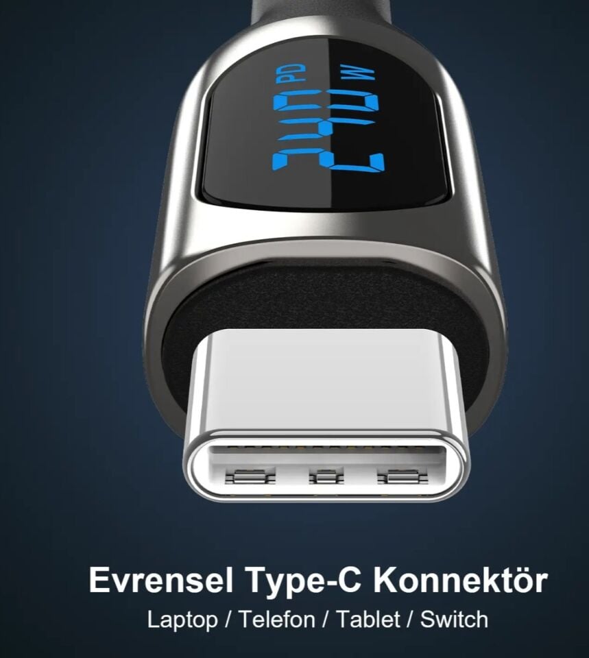Bix BXCC243 Type-C to Type-C 240W 480Mbps E-Marker Çip Dijital Ekran Göstergeli Örgülü Şarj ve Data Kablosu 1 Metre