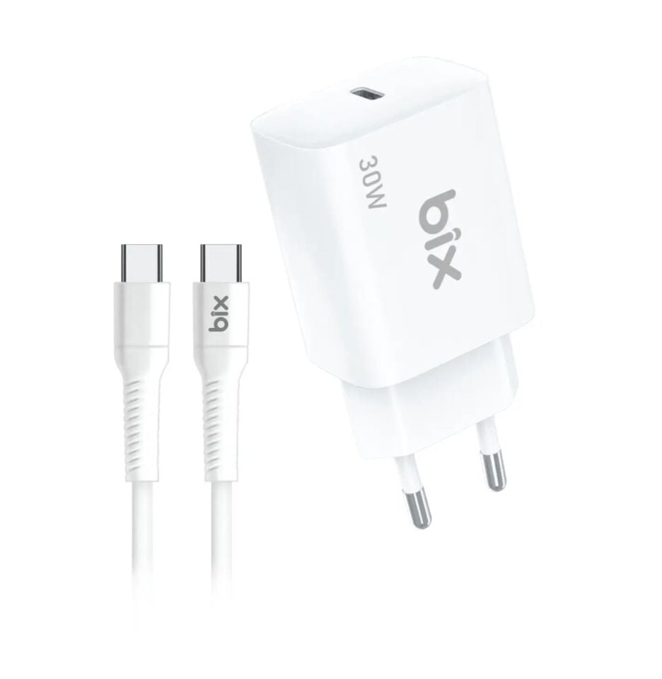 Bix BXPD31C 30W Type-C PD 3.0 Hızlı Şarj Adaptörü + 1 Metre 5A Type-C Kablo Beyaz