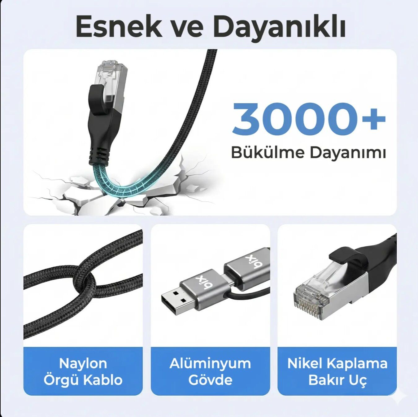 Bix C6AC15 2in1 USB-A & Type-C to RJ45 1000Mbps Gigabit Ethernet Dönüştürücü CAT6 Kablo 1.5 Metre Thunderbolt 3/4/5