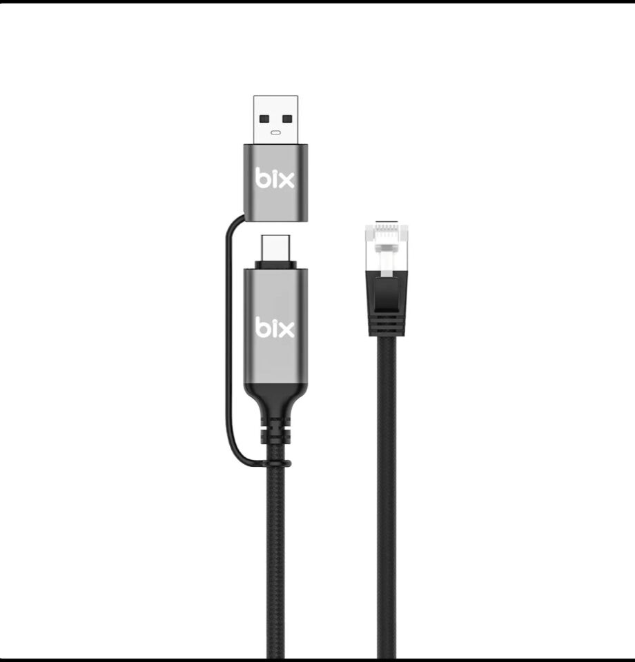 Bix C6AC15 2in1 USB-A & Type-C to RJ45 1000Mbps Gigabit Ethernet Dönüştürücü CAT6 Kablo 1.5 Metre Thunderbolt 3/4/5