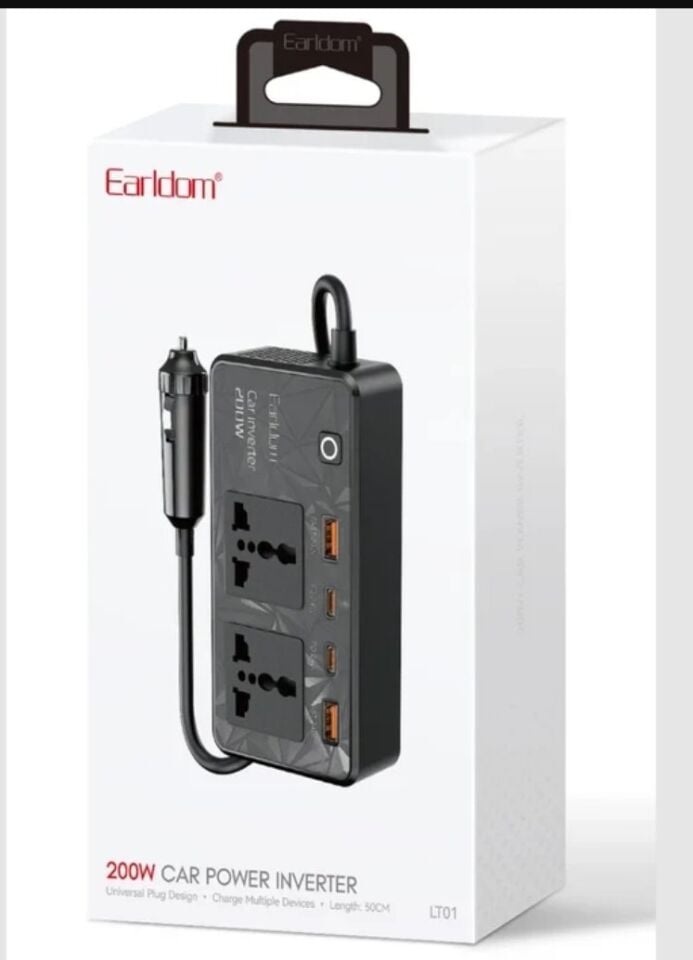 Earldom LT01 200W AC 220V Çıkışlı PD Destekli 4 Portlu Araç İçi Güç Dönüştürücü - Siyah