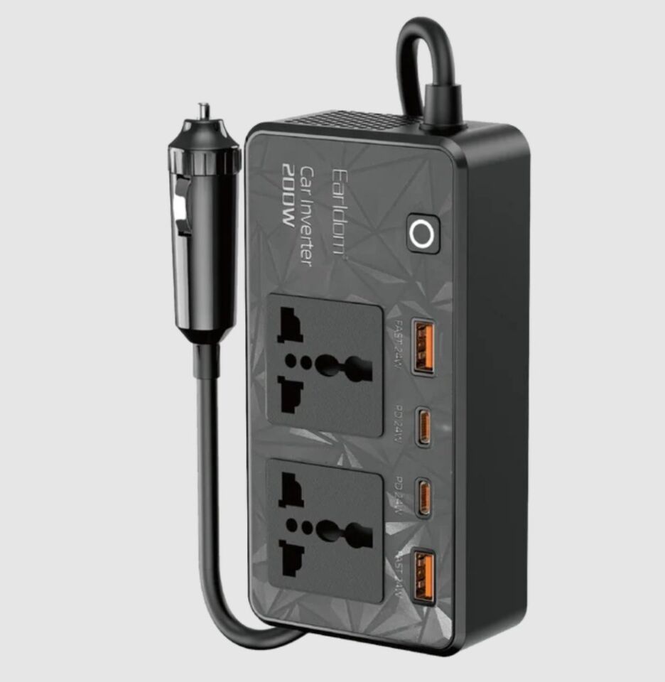Earldom LT01 200W AC 220V Çıkışlı PD Destekli 4 Portlu Araç İçi Güç Dönüştürücü - Siyah