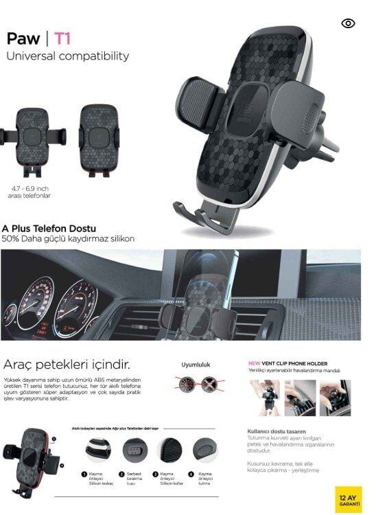 PAW T1 GRİ KLİPSLİ TELEFON TUTUCU