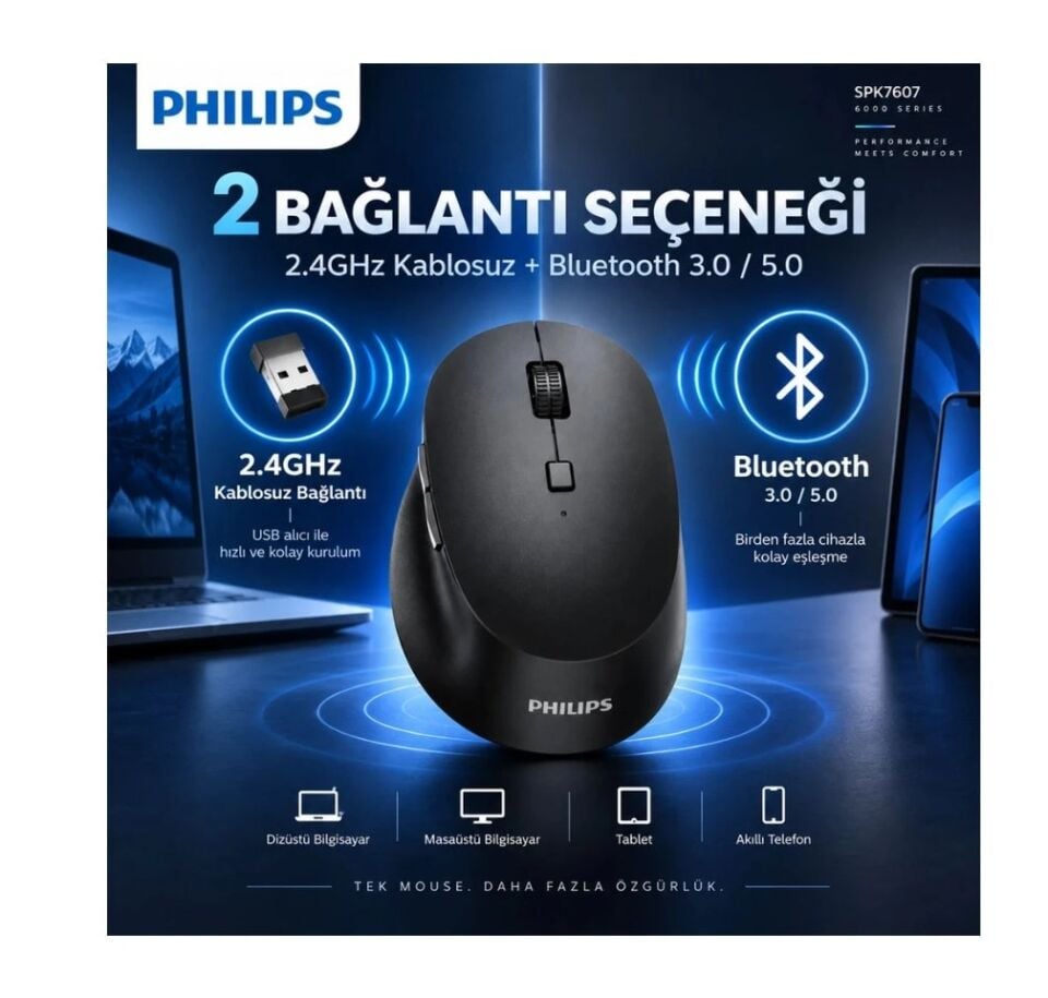 Philips SPK7607B Dual Mod 2.4 GHz + 2 Kanallı Bluetooth 3200DPI Ergonomik Sessiz Optik Mouse Siyah