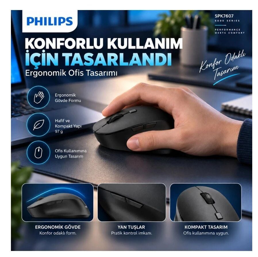 Philips SPK7607B Dual Mod 2.4 GHz + 2 Kanallı Bluetooth 3200DPI Ergonomik Sessiz Optik Mouse Siyah