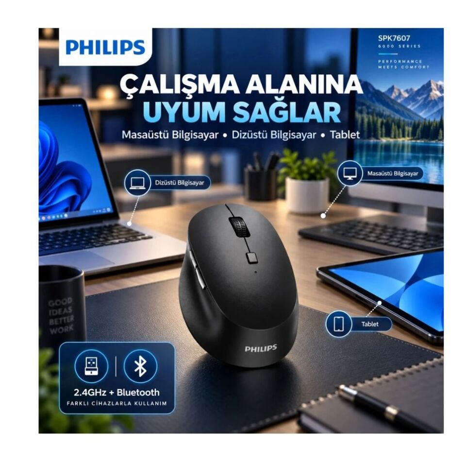 Philips SPK7607B Dual Mod 2.4 GHz + 2 Kanallı Bluetooth 3200DPI Ergonomik Sessiz Optik Mouse Siyah