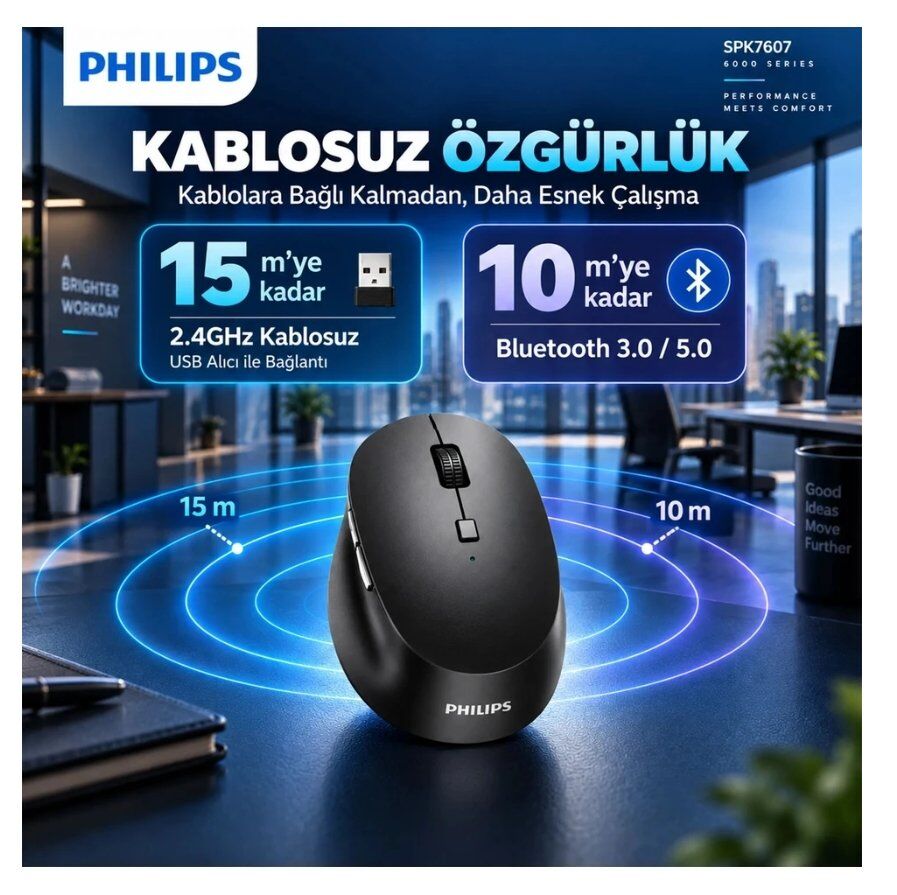 Philips SPK7607B Dual Mod 2.4 GHz + 2 Kanallı Bluetooth 3200DPI Ergonomik Sessiz Optik Mouse Siyah