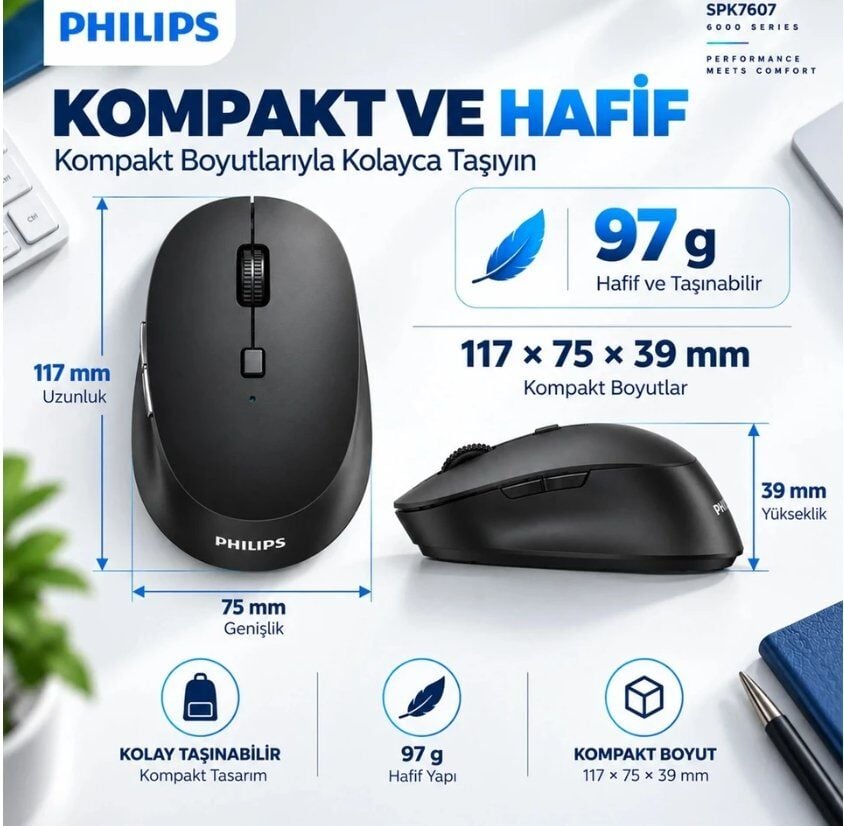 Philips SPK7607B Dual Mod 2.4 GHz + 2 Kanallı Bluetooth 3200DPI Ergonomik Sessiz Optik Mouse Siyah