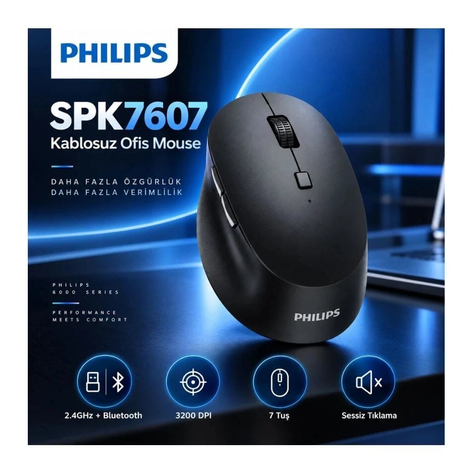 Philips SPK7607B Dual Mod 2.4 GHz + 2 Kanallı Bluetooth 3200DPI Ergonomik Sessiz Optik Mouse Siyah