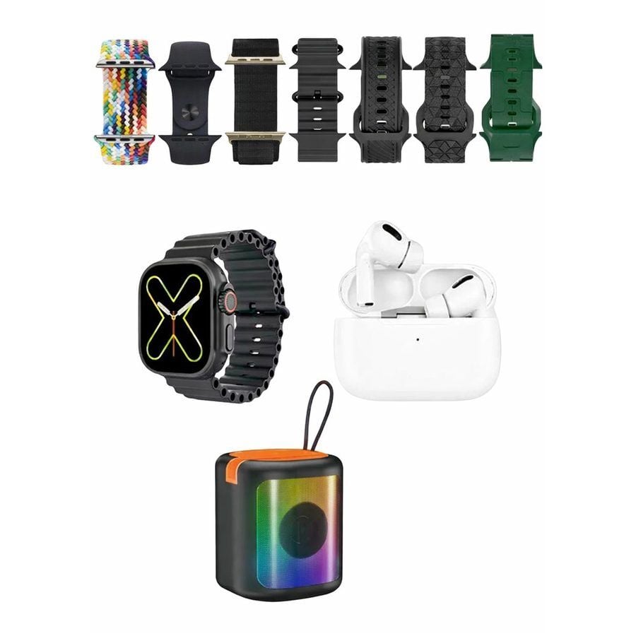 Karler Bass K28 Kombo 7 Adet Kordon Akıllı Saat Airpods Kulaklık Kablosuz Hoparlör Set - Siyah