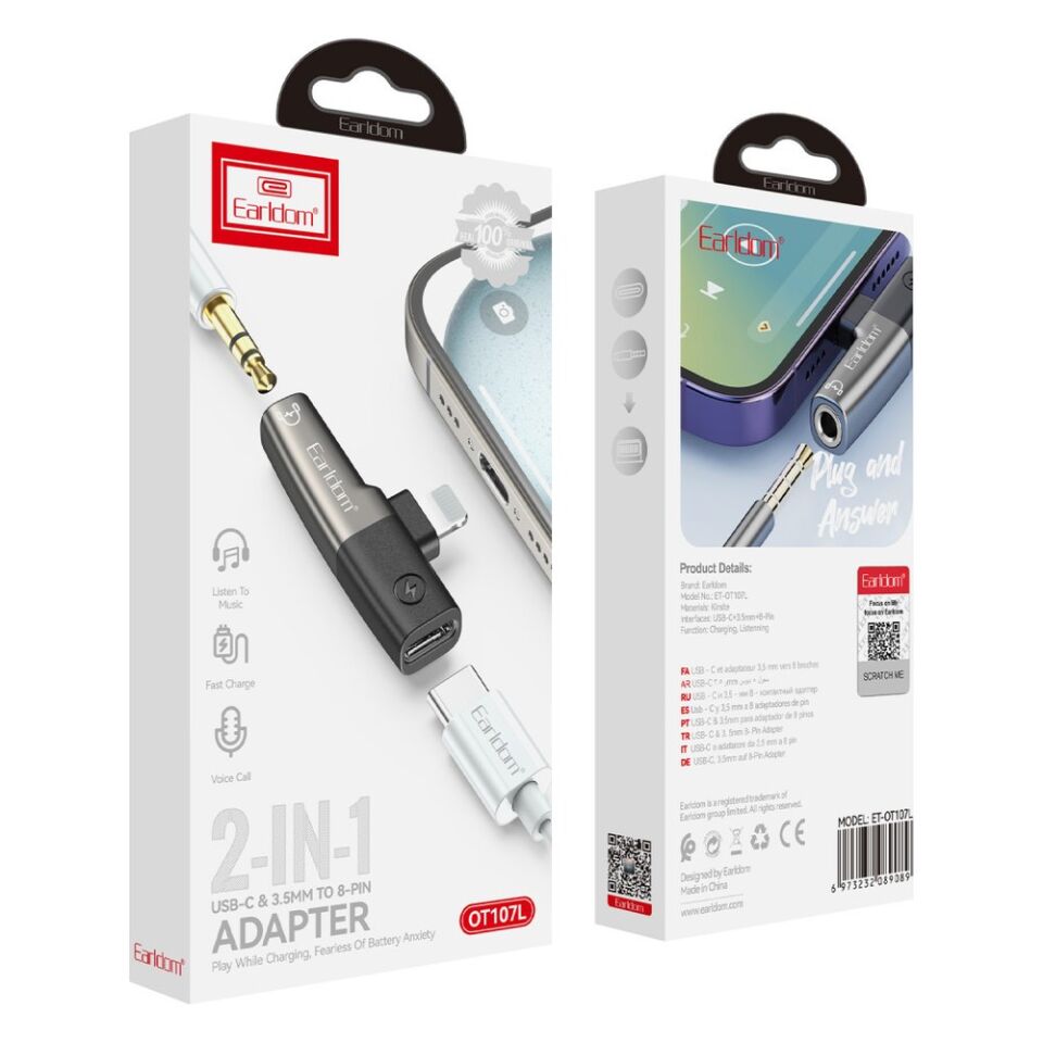 Earldom OT107L Lightning to 3.5mm ve Lightning Çıkış Dönüştürücü - Siyah