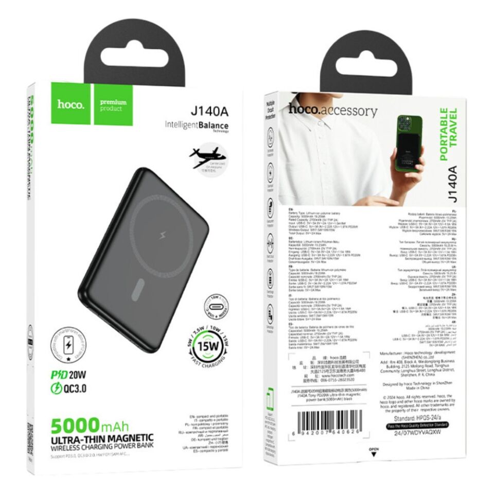 Hoco. J140A Tony 5.000 mAh PD 20W Ultra İnce Magsafe Powerbank - Siyah
