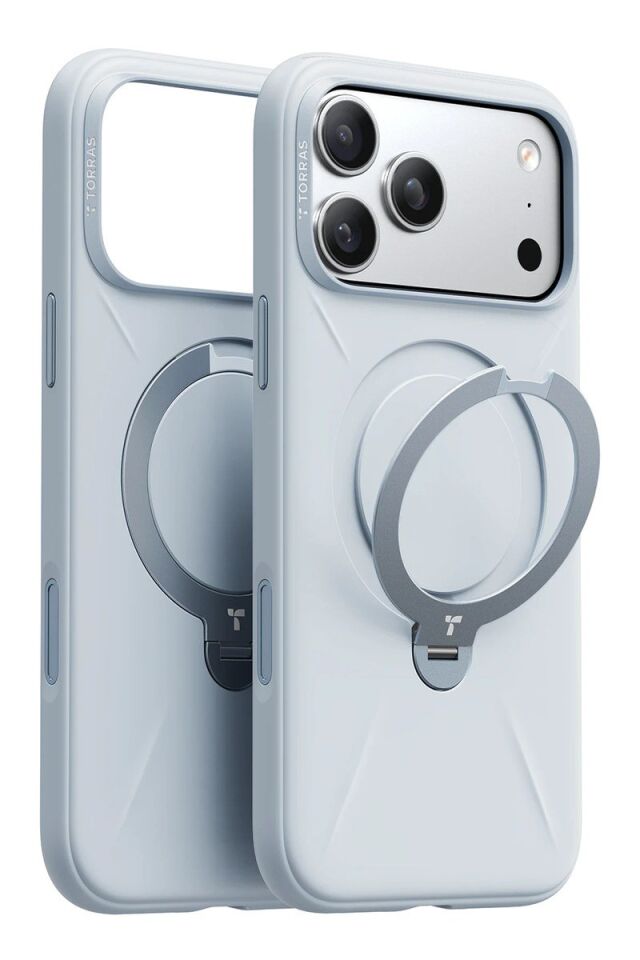 Torras Apple iPhone 17 Pro Max O Stand Spin Silicone Serisi Magsafe Kılıf - Açık Mavi