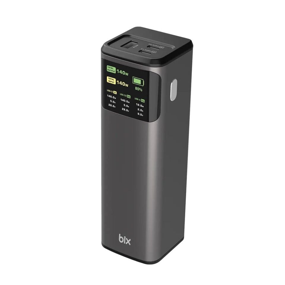 Bix PB200W 24000mAh Taşınabilir Çift USB-C PD & USB-A Çıkışlı Powerbank, 200W PD 3.1 Hızlı Şarj  Ünitesi Siyah