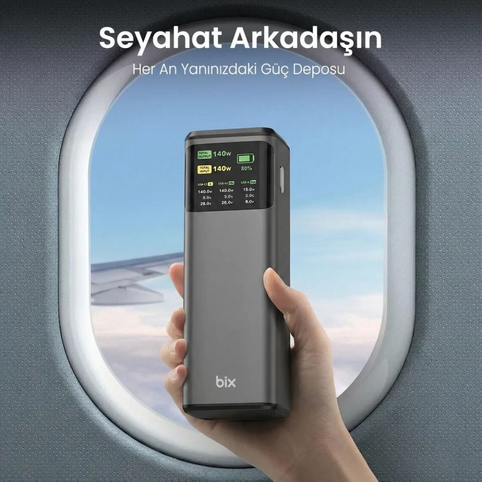 Bix PB200W 24000mAh Taşınabilir Çift USB-C PD & USB-A Çıkışlı Powerbank, 200W PD 3.1 Hızlı Şarj  Ünitesi Siyah