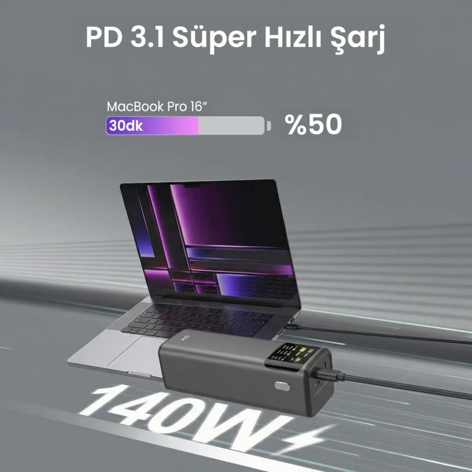 Bix PB200W 24000mAh Taşınabilir Çift USB-C PD & USB-A Çıkışlı Powerbank, 200W PD 3.1 Hızlı Şarj  Ünitesi Siyah